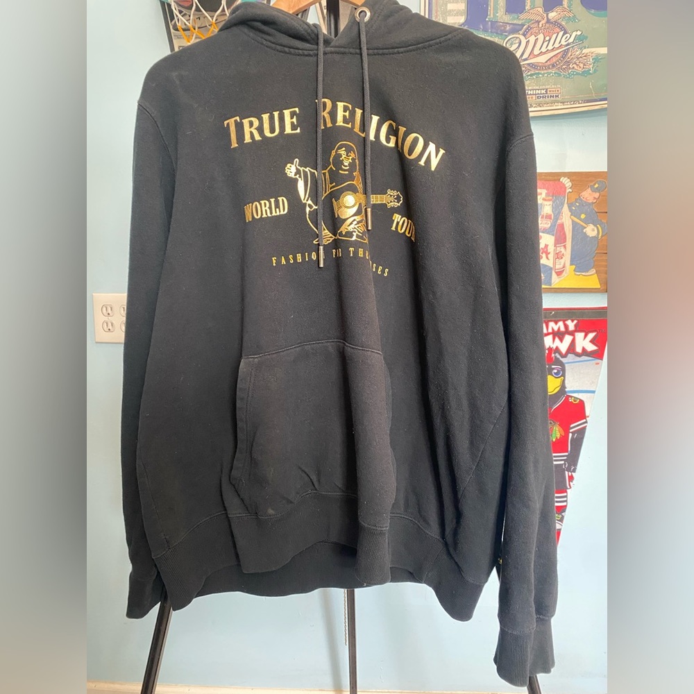 Y2K True Religion Hoodie Mens 3XL Black World Tour Long Sleeve